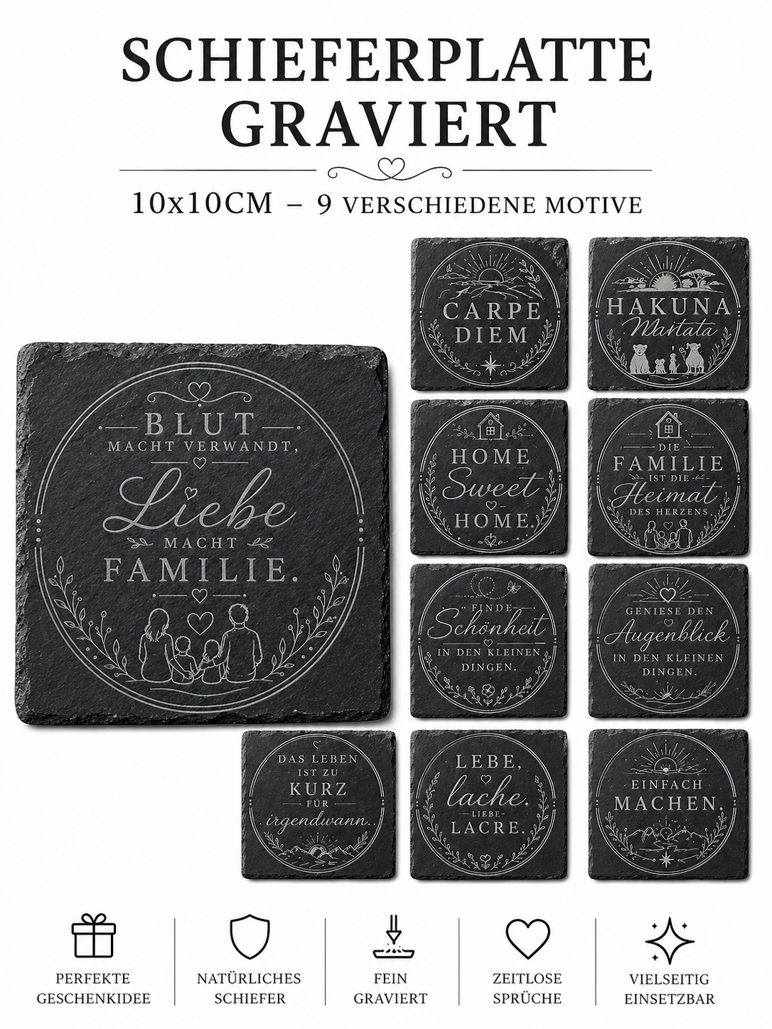Schieferplatte 10x10 cm graviert mit Spruch Geschenk Deko