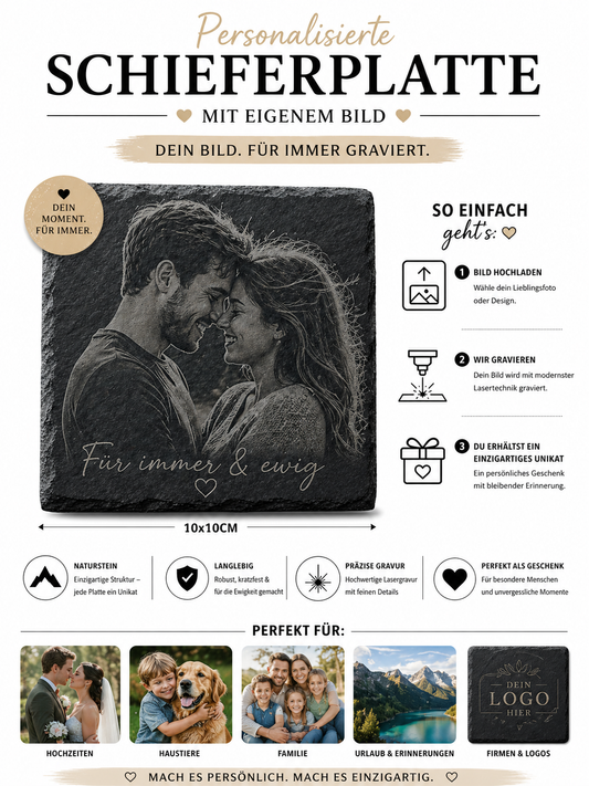 Personalisierte Schieferplatte 10x10 cm mit Foto Gravur Geschenk