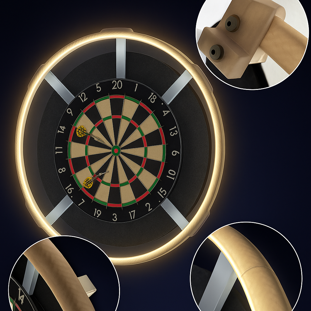 Detailansicht der 360° LED Dartbeleuchtung mit Aluminiumrahmen