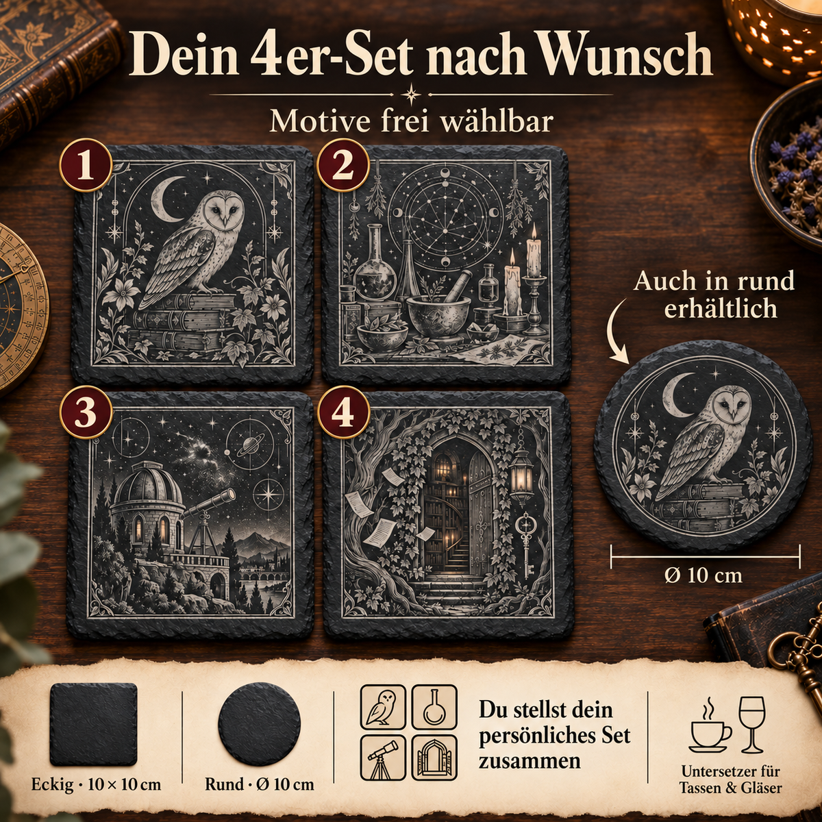Schieferuntersetzer 4er Set – 4 Motive frei wählbar