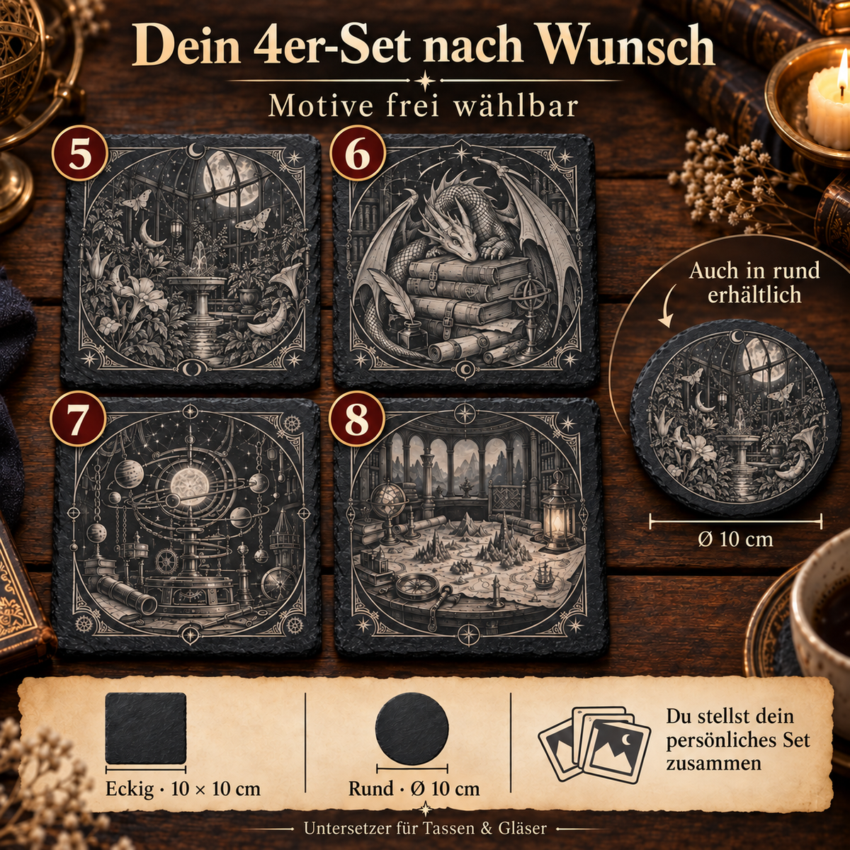 Schieferuntersetzer 4er Set – 4 Motive frei wählbar