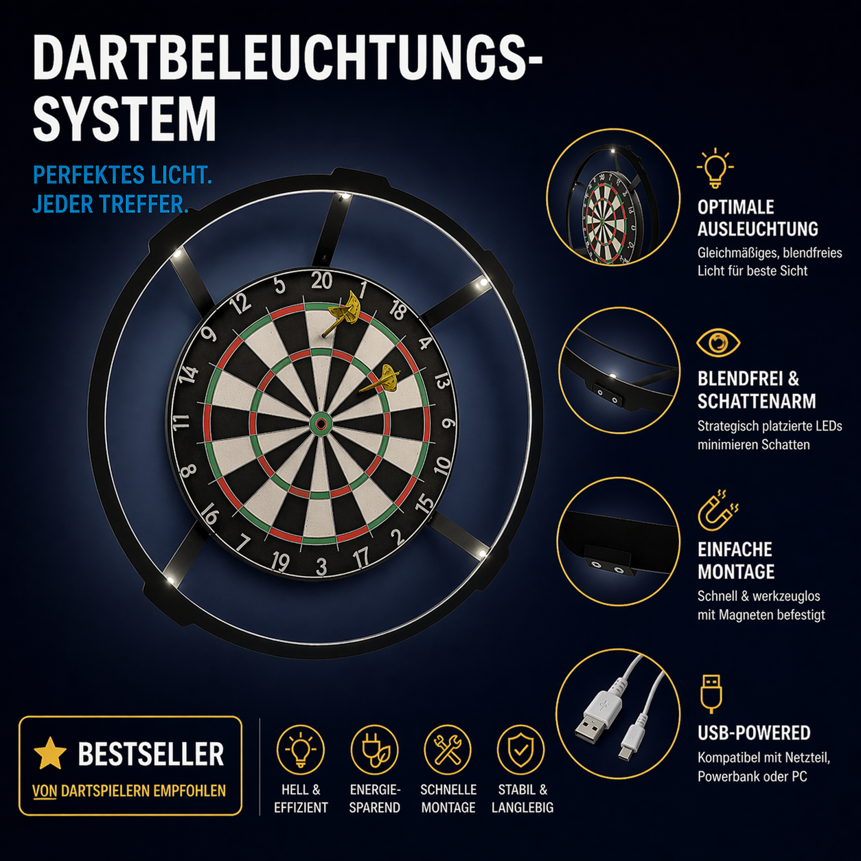 Dartscheiben Beleuchtung 360 Grad LED für Dartboard